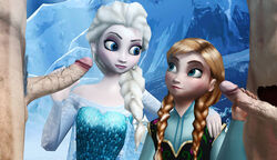 3d anna_(frozen) big_penis blonde_hair blue_eyes brown_hair disney elsa_(frozen) erection faceless_male female foursome frozen_(film) green_eyes handjob masturbation multiple_penises nude pale_skin penis ratounador sex sisters straight testicles touching veiny_penis