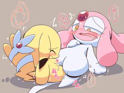 2girls blush closed_eyes drooling ears_down entwined_tails feet female female_only feral feral_on_feral fur furry gem grey_skin half-closed_eyes heart heart_censor interspecies japanese_text legendary_pokemon mesprit nettsuu nintendo pikachu pink_skin pokemon pokemon_dppt pussy_juice reclining rodent saliva sex simple_background sweat tail_wrap text trembling tribadism video_games wet white_skin yellow_eyes yellow_fur yuri