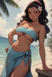 1girls ai_generated bandeau beach brown_eyes civitai cleavage cloud collarbone dark-skinned_female dark_hair dark_skin disney hair_flower hawaiian large_breasts lilo_and_stitch long_hair midriff nani_pelekai ocean outdoors pacific_islander ponytail sarong tree underboob