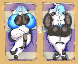 beach beach_towel chubby chubby_anthro chubby_belly chubby_female cyborg demon female glowing_eyes glowing_hair glowing_horns huge_ass huge_breasts lying lying_on_back lying_on_stomach nipple_bulge remiman sweat thick_thighs thunder_thighs