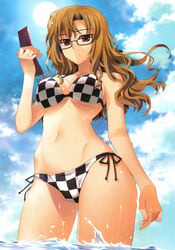 5pb. absurdres bangs bare_shoulders bikini blue_sky breasts brown_eyes brown_hair cellphone checkered checkered_bikini cleavage cloud collarbone expressionless female fingernails floating_hair fujima_takuya glasses hands highres hips holding kiryuu_moeka long_hair long_image looking_at_viewer mound_of_venus navel nitroplus ocean outdoors parted_lips phone science_adventure shade shiny shiny_skin side-tie_bikini sky solo steins;gate sun swimsuit tall_image thigh_gap thighs underboob wading water wavy_hair wet wind