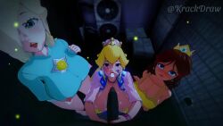 1boy 3girls animated big_breasts big_penis black_body blonde_hair brown_hair crown cum cum_in_mouth cum_on_face dark-skinned_male deepthroat fellatio koikatsu krackdraw light-skinned_female looking_at_viewer mario_(series) masturbating masturbation new_super_mario_bros._u_deluxe nintendo nipples nipples_visible_through_clothing peachette pink_nipples pov princess_daisy princess_rosalina sucking super_crown super_mario_bros. tagme tan-skinned_female toadette video yellow_hair