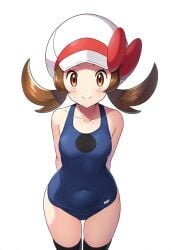 1girls ai_generated arms_behind_back brown_eyes brown_hair hat hat_bow looking_at_viewer lyra_(pokemon) navel_visible_through_clothes novelai pokemon pokemon_hgss school_swimsuit self_upload standing swimsuit thighhighs thighs