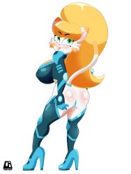 absurd_res anthro ass blonde_hair blue_clothing blue_suit breasts clothing cranebear domestic_cat felid feline felis female footwear genitals green_eyes hair hi_res high_heels jessica_young_melis long_hair long_tail mammal pinup pose pussy solo suit tail