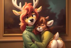 ai_generated anthro ass ass bubble_butt cute deer diplive7 duo furry holding_partner looking_at_viewer painting size_difference sleeping sweater