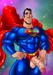 1boy 2021 balls bara barazoku big_balls big_penis bulge cape clark_kent clothing daddy dc dc_comics hi_res highres male male_only manly markus_von_braunstein mature_male muscular_male penis skintight skintight_bodysuit space space_background superhero superman superman_(series) tight_clothing