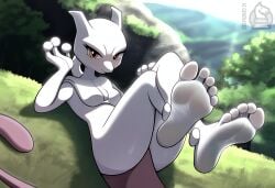 5_toes ai_generated anthro anthrooutcomes feet feet_fetish feet_together feet_up foot_fetish foot_focus mewtwo nippleless pokemon soles soles_female