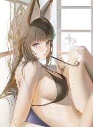 1girls belly_button bikini_top black_hair black_nails blue_eyes blush breasts eyebrows_visible_through_hair female female_only huge_breasts indie_virtual_youtuber indoors kiseru light-skinned_female light_skin sakae_izumi sideboob smoke smoking smoking_pipe solo swimsuit tokkihouse virtual_youtuber