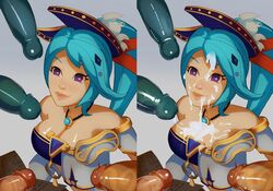 blue_hair blush breasts bust_cup cum cum_on_body cum_on_breasts cum_on_hair cum_on_upper_body dark-skinned_male female gradient gradient_background hair_ornament highres hyrule_warriors jewelry lana_(the_legend_of_zelda) lips lots_of_jewelry nintendo penis purple_eyes side_ponytail splashbrush the_legend_of_zelda uncensored zelda_musou