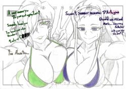 2girls bikini d'artagnan green_eyes green_lipstick huge_breasts iori_(library_of_ruina) kronos_tempo library_of_ruina multiple_girls peace_sign project_moon purple_eyes