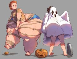 2girls anna_(cantankeravian) bad_anatomy bottom_heavy breasts cantankeravian edie_(cantankerous_avian) fat female freckles halloween_costume huge_breasts huge_thighs overweight panties red_hair sheet_ghost thighs top_heavy