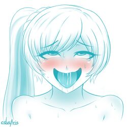 1girls ahe_gao blush cslucaris drooling female female_only monochrome naughty_face nude rolling_eyes rwby sexually_suggestive simple_background solo spot_color sweat tongue tongue_out weiss_schnee white_background