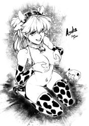1girls asuka_langley_sohryu bangs big_breasts bikini bikini_aside black_and_white blush bottomless breasts_out chamucasdelamor69 collar cow_girl cow_print cow_print_bikini cow_print_thighhighs cowbell elbow_gloves fondling from_above headband heels ink kneeling lingerie long_hair looking_at_viewer monochrome navel_piercing neon_genesis_evangelion open_mouth piercing pubic_hair solo thighhighs