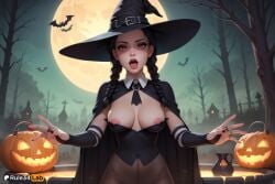 1girls ai_generated artist_name bat_(animal) black_hair black_headwear black_nails braid breasts breasts_out bridal_gauntlets cape fangs female full_moon halloween halloween_costume hat hi_res jack-o'-lantern long_hair looking_at_viewer medium_breasts mole mole_on_breast moon nail_polish night nipple_slip nipples open_mouth outdoors pantyhose pumpkin red_eyes rule34lab solo the_addams_family tongue tongue_out tree twin_braids vampire wednesday_addams witch witch_hat