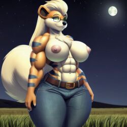 ai_generated anthro arcanine cumgenerator glasses growlithe large_ass large_breasts muscular muscular_female nintendo no_bra pokemon pokemon_(species) ripped shirtless stable_diffusion