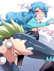 anal anal_object_insertion anus ass bare_shoulders blue_gloves blue_hair blush boots breasts censored character_request clenched_teeth closed_eyes egg_laying etotama female gloves head_wings highres large_breasts long_hair nipples novelty_censor nyaa-tan object_insertion piyo-tan pussy pussy_juice r44 scowl side_ponytail sweat teeth torn_clothes