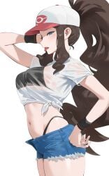 1girls alternate_breast_size blue_eyes booty_shorts breasts brown_hair female female_only game_freak hat hilda_(pokemon) hood_x_art jean_shorts large_breasts light-skinned_female light_skin long_hair nintendo panties_visible pokemon pokemon_bw ponytail revealing_clothes see-through see-through_clothing short_shorts shorts simple_background skimpy skimpy_clothes thighs thong_straps wet wet_clothes wet_t-shirt