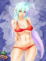 7th-heaven ahoge aqua_hair arms_behind_back ass_visible_through_thighs bikini breasts cameltoe cleavage elf female long_hair navel original pink_eyes pointy_ears purple_hair saya_rain smile solo swimsuit tattoo two_tone_hair very_long_hair yellow_eyes