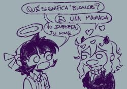 2girls angel azazel_(helltaker) azazel_4ever black_hair cross_necklace demon dialogue halo hearts_around_head helltaker horns modeus_(helltaker) monochrome short_hair silly simple_background spanish_dialogue spanish_text speech_bubble succubus sweater white_hair