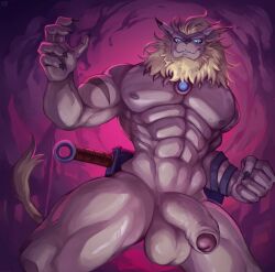 abs anthro balls bandai_namco bell bell_collar blonde_hair blue_eyes bodily_fluids clawed claws collar digimon digimon_(species) ejaculation fingers foreskin genital_fluids genitals glans hair hi_res humanoid_genitalia humanoid_penis leomon looking_at_viewer low-angle_view male male_only mane melee_weapon muscular muscular_anthro muscular_male nipples nude nurinaki pecs penis smile smiling_at_viewer solo sword sword_on_back tail weapon