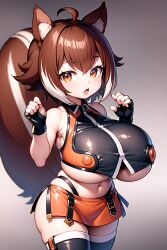 6_fingers ai_generated ai_hands animal_ears animal_tail armpit_crease armpits big_breasts big_tail blazblue blurred_background blush breasts brown_ears brown_hair brown_tail crop_top depth_of_field ear_fluf ear_tuft fingerless_gloves fluffy_tail gigantic_breasts huge_breasts inner_ear_fluff large_breasts legwear looking_at_viewer makoto_nanaya microskirt midriff miniskirt orange_clothing perky_breast pseudo_nipples short_hair short_stack shortstack shortstackified side_slit small_but_busty squirrel_ears squirrel_tail thighhighs thighs underboob white_ear_fluff wipe_(pixiv) zettai_ryouiki