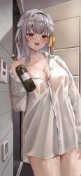 beer_bottle blush collared_shirt cowboy_shot drooling drunk goddess_of_victory:_nikke huge_breasts modernia_(first_affection)_(nikke) modernia_(nikke) naked_shirt saliva see-through_clothing sweaty thighs tiles wet wet_body wet_clothes white_shirt