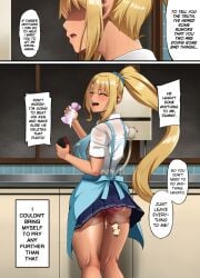 1boy 1girls apron asakura_kukuri ass big_ass big_breasts blonde_hair closed_eyes cum cum_drip dark-skinned_female female forced forced_ntr forced_smile muscular_female panties skirt sweat thighs washing_dishes