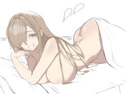 1girls ass asuna_(blue_archive) big_ass big_breasts blonde_hair blue_archive blue_eyes breasts covered_eyes covering_breasts fanart laying_on_bed md_doubled naked naked_female nude showing_ass smile smiling smiling_at_viewer