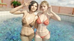 2girls 3d absurd_res ada_wong ada_wong_(adriana) areolae ashley_graham ashley_graham_(ella_freya) asian asian_female athletic athletic_female belly big_breasts bikini black_hair blonde_hair blue_eyes breasts brown_eyes capcom female female_focus female_only hi_res light-skinned_female light_skin looking_at_viewer multiple_girls muscle_tone navel nipples pool pose posing resident_evil resident_evil_4 resident_evil_4_remake see-through see-through_clothing see-through_swimsuit short_hair smile stephanie23 swimming_pool swimsuit toned toned_female v v_sign waist_chain water wink winking_at_viewer