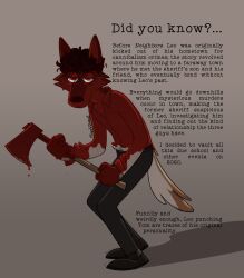 2024 anthro axe backstory blood blood_on_face blood_on_weapon bodily_fluids bottomwear canid canine canis clothing collared_shirt covered_in_blood eyewear footwear glasses half-closed_eyes hi_res hunched_over leo_(nardodraws) looking_at_viewer male mammal nardodraws narrowed_eyes pants red_eyes shirt shoes solo tired topwear weapon wolf