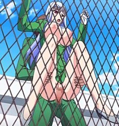 1boy animated blue_hair bouncing_breasts bra bra_lift breasts breasts_out carrying censored chainlink_fence female held_up large_breasts long_hair mizuryuu_kei no_panties oide_yo!_shiritsu_yarima_x_rigakuen open_clothes open_shirt outdoors poro red_eyes reverse_suspended_congress rooftop school school_uniform sex shirt skirt_lift sky stitched vaginal_penetration