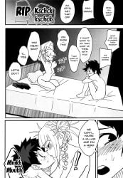 1boy 1girls big_breasts blush blush_lines boku_no_hero_academia breasts completely_nude dialogue double_bun english_text female hero hero_and_villain himiko_toga izuku_midoriya kiss kissing looking_away looking_back male male/female medium_hair messy_hair midoriya_izuku my_hero_academia naked nega_samurai nude sitting sitting_on_bed toga_himiko villain yandere