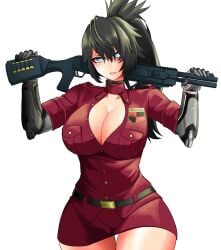 absurd_res black_hair blue_eyes blush breasts choker cleavage cleavage_cutout clothing_cutout commission cosplay female gun highres jacket joints large_breasts long_hair mechanical_arm miniskirt ponytail red_jacket robot_joints saltnvalk seras_victoria seras_victoria_(cosplay) shotgun skirt solo thigh_gap virtual_youtuber vrchat vrkisu vtuber weapon