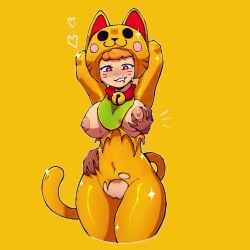 1girls animal_ears areolae arms_behind_head bea_(brawl_stars) bell bell_collar blush bodysuit brawl_stars breast_grab breast_squeeze breasts cat_costume cat_ears cat_tail collar disembodied_hand drooling exposed_breasts exposed_pussy female gold_clothing groping groping_from_behind heart-shaped_pupils heart_eyes medium_breasts neko_bea_(brawl_stars) nipples orange_hair pussy red_eyes ripped_bodysuit ripped_clothing smile standing tail thony_690 torn_clothes yellow_clothing