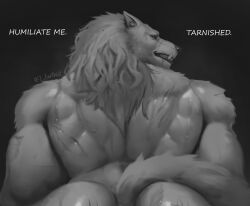 2024 anthro ass back_muscles black_sclera blaidd_(elden_ring) canid canine canis dialogue digital_media_(artwork) digital_painting_(artwork) earthist elden_ring english_text fromsoftware furry gay hi_res inviting looking_at_viewer looking_back male male_only mammal monochrome muscular muscular_anthro muscular_male nude presenting presenting_hindquarters raised_tail rear_view red_eyes smile solo tail text wolf