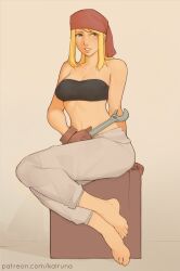 absurdres barefoot bikini bikini_top_only blonde_hair blue_eyes bra female fullmetal_alchemist gloves head_scarf highres kalruna strapless strapless_bra swimsuit underwear winry_rockbell wrench