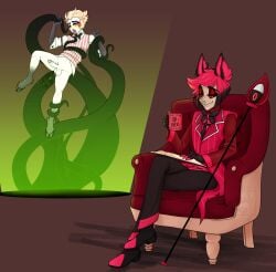 absurd_res ahe_gao alastor_(hazbin_hotel) anal anal_sex balls black_body black_fur blonde_hair blush blushing_profusely book cane chair claws clothed clothing coffee_mug crossed_legs demon duo fallen_angel footwear forked_tongue fur furniture genitals hair hazbin_hotel hi_res hooves humanoid humanoid_genitalia humanoid_penis kitket looking_pleasured lucifer_morningstar_(hazbin_hotel) male male/male mug open_mouth partially_clothed penetration penis red_hair sex sharp_teeth shoes spread_legs spreading suspended_via_tentacles suspension teeth tentacle tentacle_penetration tentacle_sex tongue tongue_out vein veiny_penis white_body yellow_blush