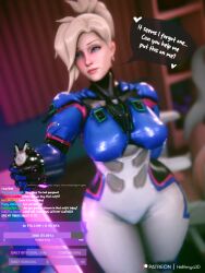 3d adapted_costume blonde_hair blue_bodysuit blue_eyes blurry blurry_background bodysuit breasts cellphone clothing cosplay d.va_(cosplay) english_language english_text female female_only heart hellfenya3d holding indoors large_breasts lips long_hair looking_at_viewer mercy mole overwatch overwatch_2 phone pilot_suit ponytail selfie shiny skin_tight smartphone smile solo solo_focus speech_bubble text