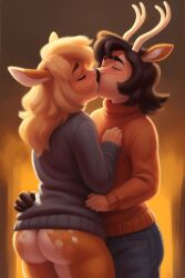 1boy 1girls ai_generated anthro antlers ass big_butt blonde_hair bottomless bottomless_female closed_eyes couple cute deer deer_boy deer_girl diplive7 duo female freckles furry jeans kissing male standing sweater