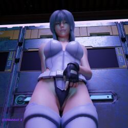 1girls 3d asian asian_bimbo asian_female bimbo female fingerless_gloves ghost_in_the_shell kusanagi_motoko leaning_back leotard looking_at_viewer pointing_at_pussy pussy solo strapless_leotard thighhighs