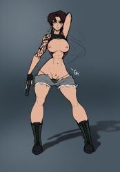 abs black_lagoon breasts brown_eyes burgundy_hair cursedequinox female female_only gun nipple_piercing partially_clothed revy shorts tattoo thighs