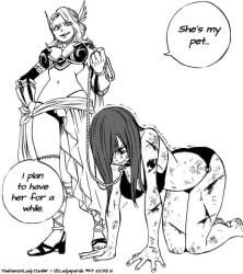 2d 2girls all_fours bikini black_and_white bruised bruises crawling crying defeated defeated_heroine dog_collar dominatrix erza_scarlet fair fairy_tail female female_only femdom femsub high_heels holding_leash human_pet humiliated humiliation kyria_(fairy_tail) ladysparda lash_marks leash leash_and_collar partially_clothed partially_clothed_female partially_nude pet pet_girl petplay revealing_clothes scars shaking slave slave_collar slavegirl smirk submissive_female villainess