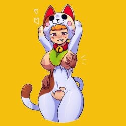 1girls animal_ears areolae arms_behind_head bea_(brawl_stars) bell bell_collar blush bodysuit brawl_stars breast_grab breasts cat_costume cat_ears cat_tail collar disembodied_hand female groping groping_from_behind heart-shaped_pupils medium_breasts neko_bea_(brawl_stars) nipples orange_hair pussy red_eyes smile standing tail thony_690 torn_clothes white_clothing