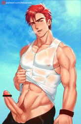 1boy abs arkapami erection looking_at_viewer male male_only muscle muscular muscular_male naughty_face outdoors penis red_hair sky smile solo sweat testicles tongue tongue_out undressing