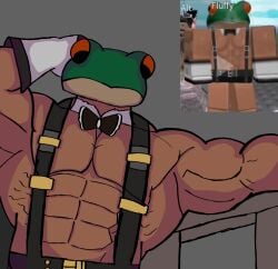 1boy bara bowtie frog frog_humanoid hybrid male male_only muscular r31ko. reference_image roblox roblox_avatar robloxian source_request suspenders tagme