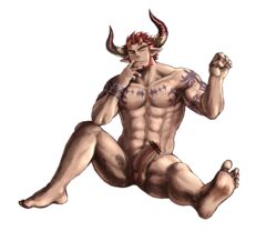 1boy abs agielba agieruba bara censored colored_pubic_hair draph erection facial_hair granblue_fantasy horns konohanaya male_only muscle pecs penis pubic_hair red_hair red_pubic_hair short_hair sideburns solo tattoo tongue tongue_out