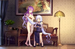 2girls blue_dress breasts chinese_clothes clothed_female_nude_female dongqing_zaozigao dress dress_shirt elbow_gloves flower gloves hair_flower hair_ornament high_heels highres long_hair multiple_girls navel nipples nude orange_eyes purple_eyes purple_hair pussy shirt shoes sitting standing white_hair