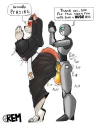 1boy 1girls anal anal_sex anthro belly_expansion big_ass big_balls big_penis edith_bellbottom_(jindragowolf) female fox fox_ears fox_tail furry heels male nun nun_outfit penetration_through_clothes questionable_consent rem_(oc) remiman robot robot_boy robot_humanoid sweat thick_thighs through_clothes through_clothing