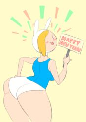 1girls adventure_time animated ass big_breasts black_eyes blonde_hair blush breasts bulumble-bee bunny_ears cartoon_network clothing dat_ass female female_only fionna_the_human_girl gif huge_ass jiggle looking_at_viewer panties sign simple_background smile solo text thick_thighs tongue underwear wide_hips