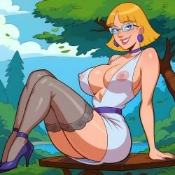 aegis999_(artist) ai_generated black_socks breasts choker erect_nipples_under_clothes female glasses heels hey_arnold! high_heels lace-trimmed_socks lace-trimmed_thighhighs milf miriam_pataki short_hair socks socks_and_heels thigh_socks thighhighs